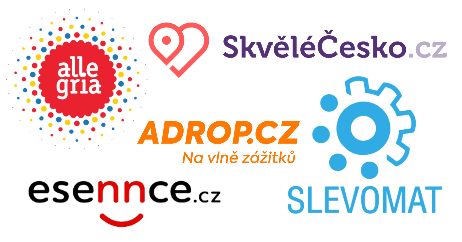 Loga slevových portálů — Slevomat, Skvělé Česko, Allegria, Adrop, Essence